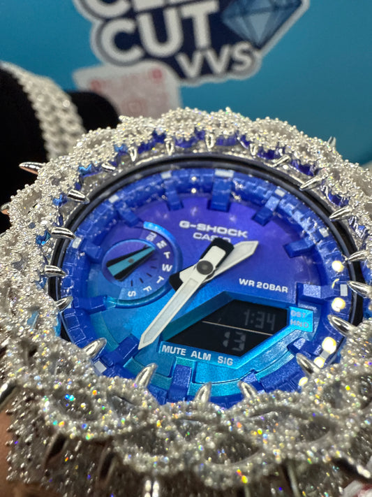 CUSTOM BLUE/BLACK THORN MOISSANITE GSHOCK GA-2100