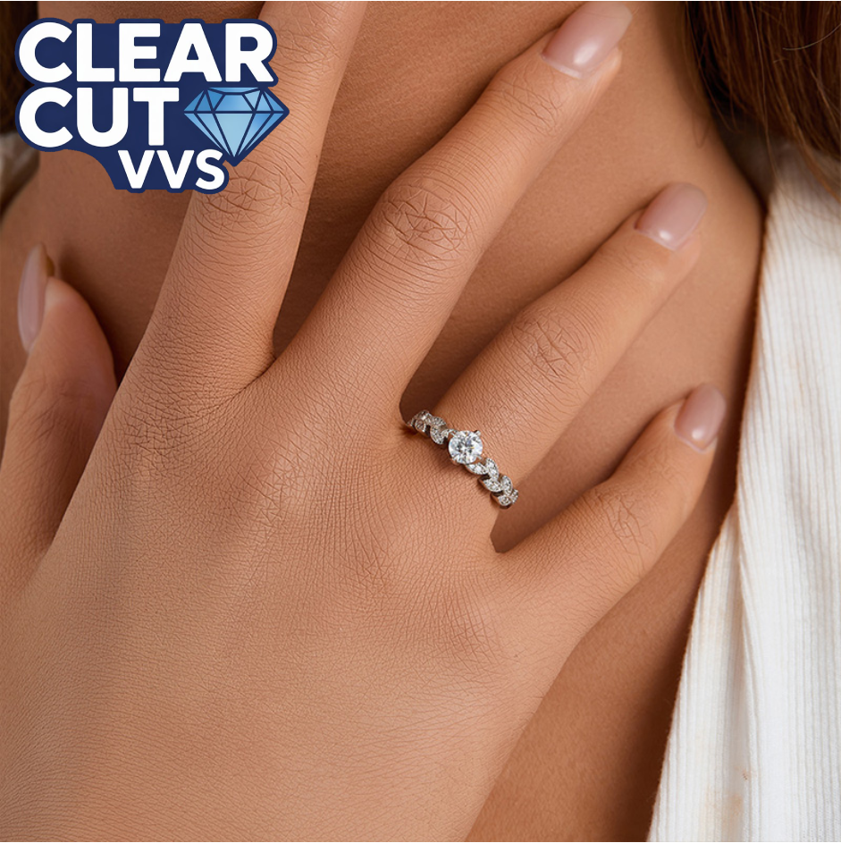 Elegant Leaf Design Moissanite Ring | 925 Sterling Silver | Eternity Band Style