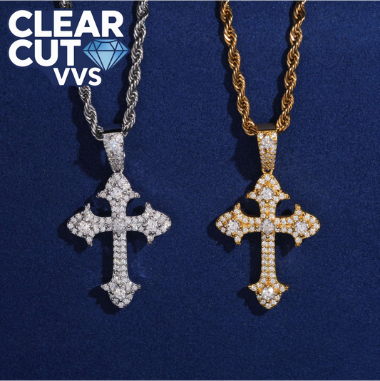 Two diamond cross pendants on chains with 'Clear Cut VVS' text on a blue background