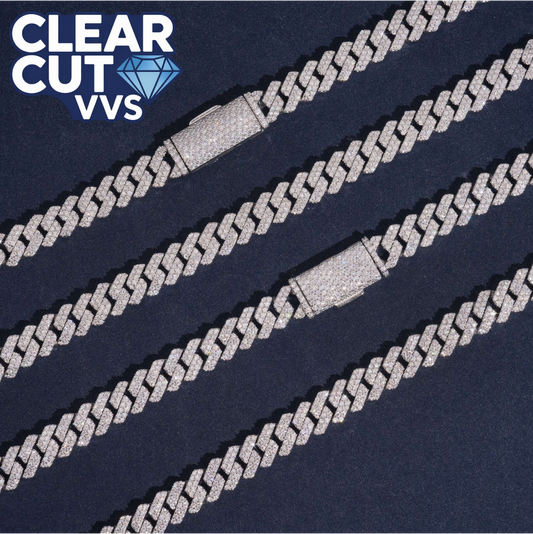 Close-up of a diamond chain with 'Clear Cut VVS' branding on a dark background