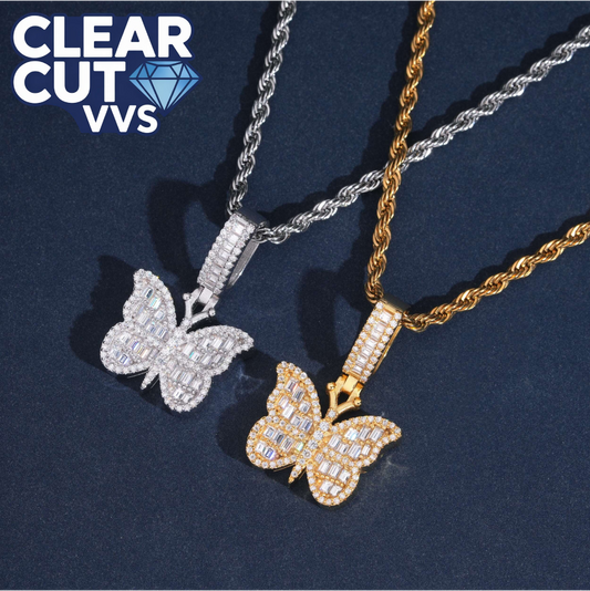 Butterfly-shaped pendants on chains with 'Clear Cut VVS' logo on a dark background